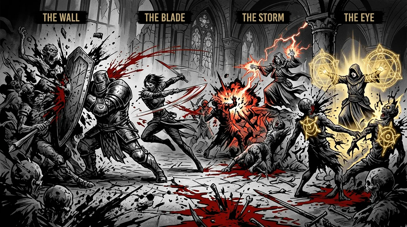 Four heroes storming an ink-bleed castle — Castle Brawl