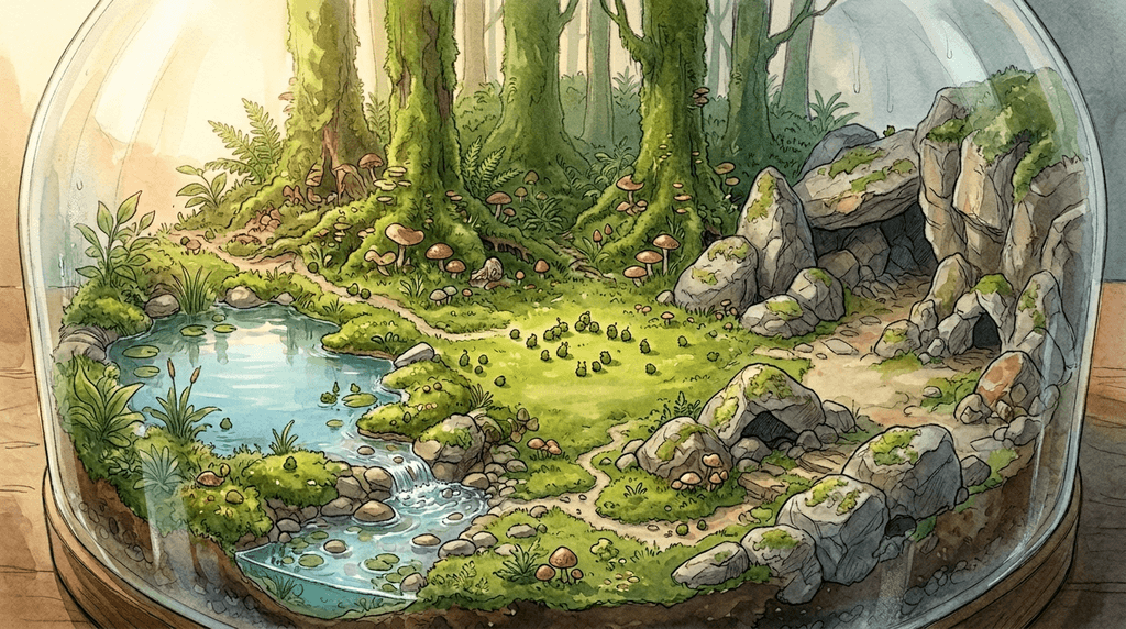 The terrarium world — a bioluminescent landscape of moss and mineral