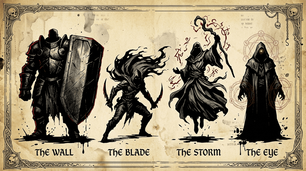 Four class silhouettes — The Wall, The Blade, and two TBA heroes.