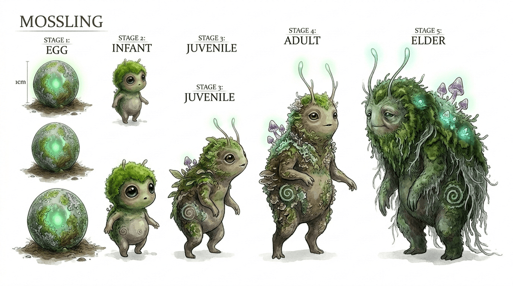 Mossling lifecycle reference — birth through elder stages
