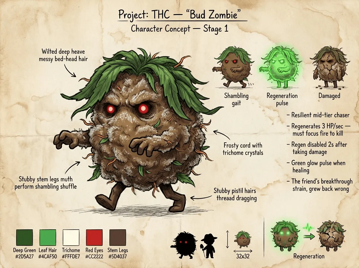 Bud Zombie — character concept art sheet