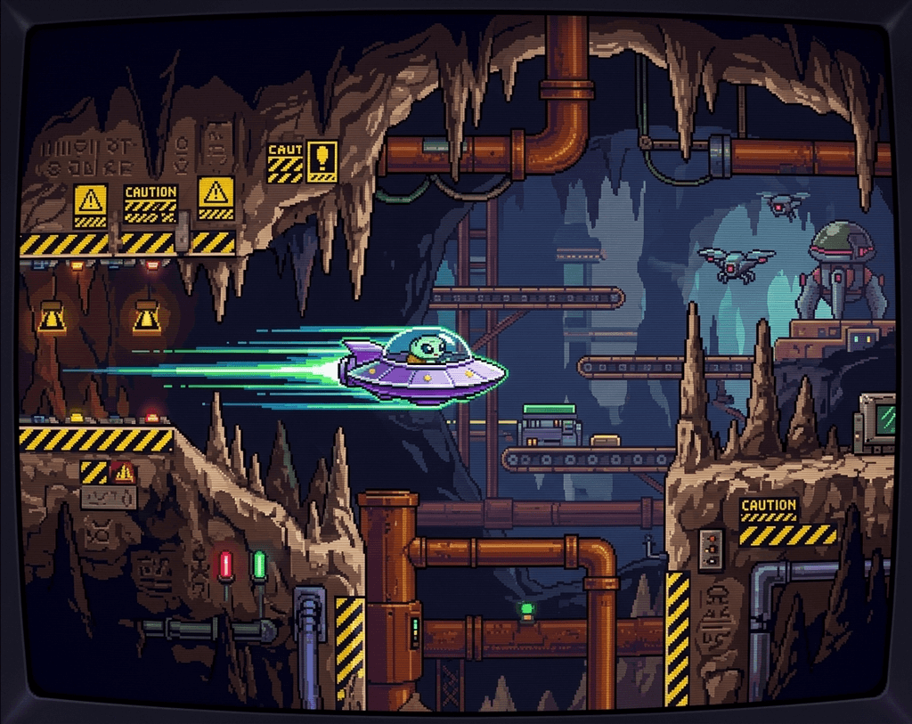Dodging stalagmites at breakneck speed in green-lit tunnels.